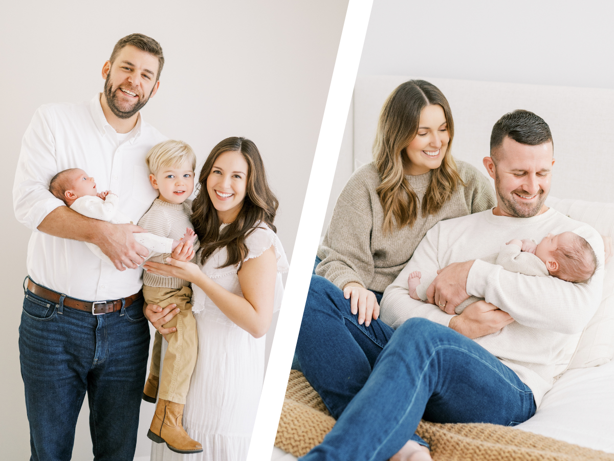Photo of a family of four with toddler and newborn compared to in home newborn photo with couple and new baby on their bed in Raleigh, NC with Worth Capturing Photography