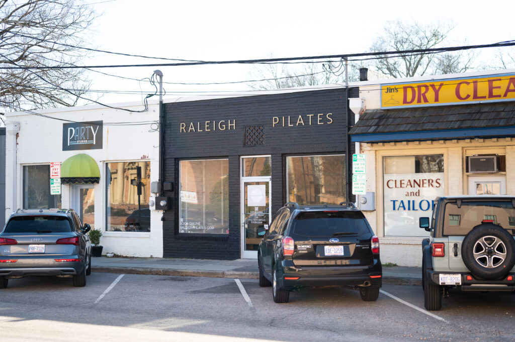 Street view of Raleigh Pilates from Fairview Road in the Five Points neighborhood of Raleigh, NC.