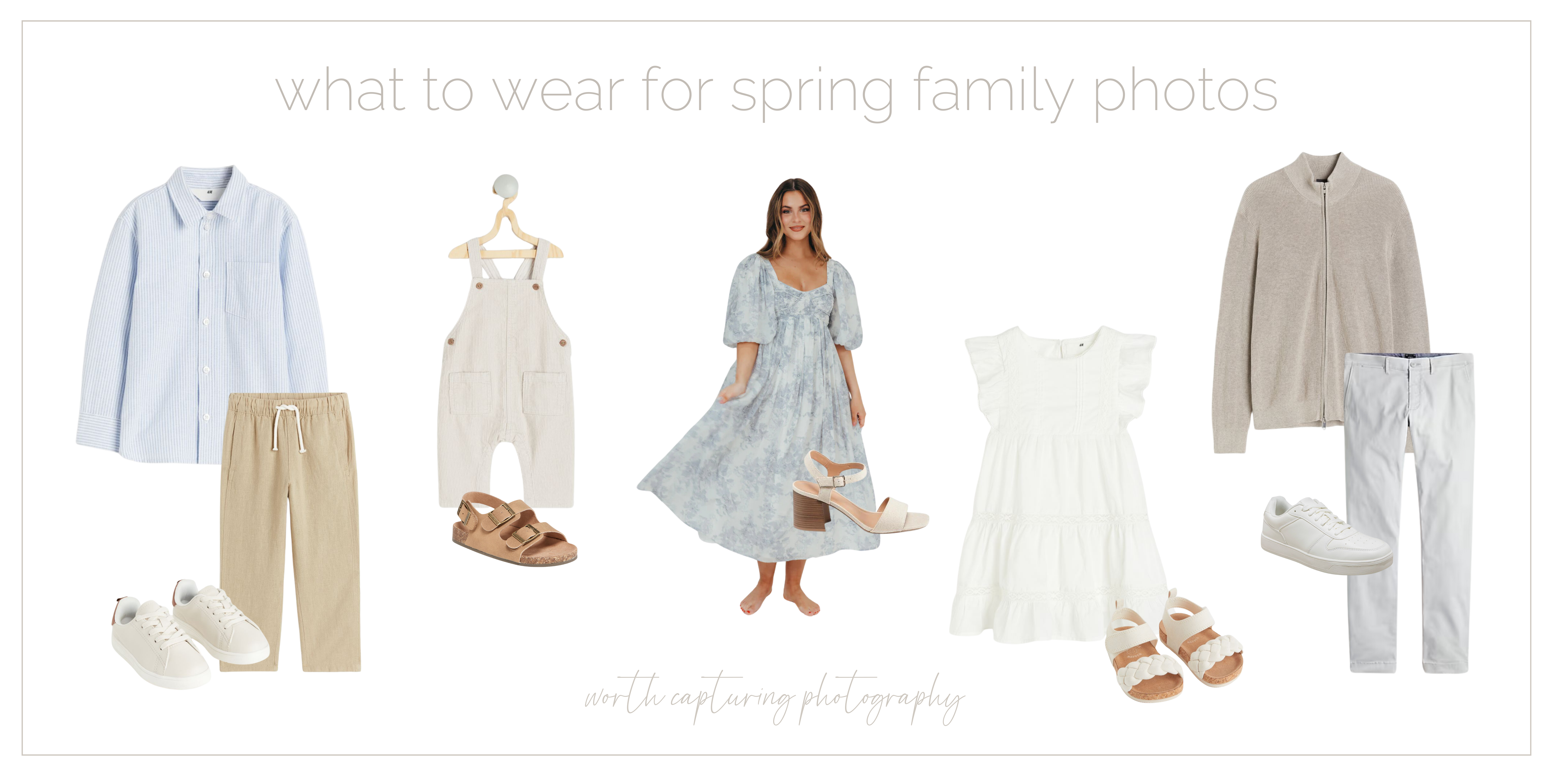 Spring family photo outfit idea with light blue and neutral tones