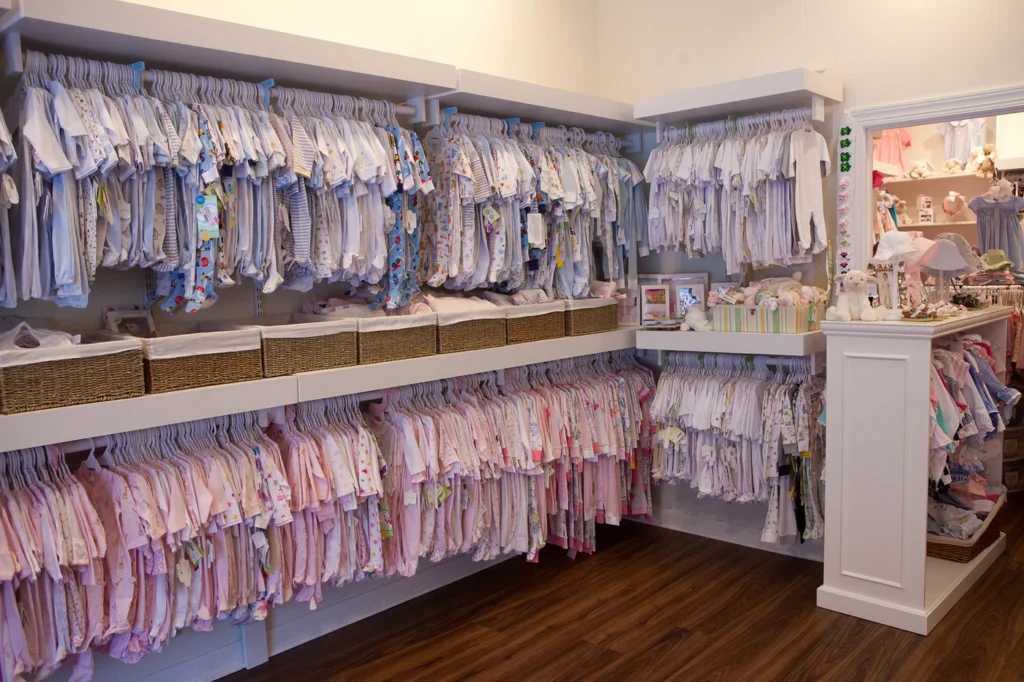 Interior view of children's clothing racks at Shutterbugs Boutique in Raleigh, NC.