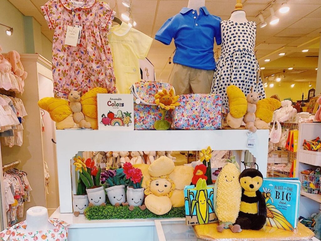 Colorful Spring merchandise at Lamb's Ear children's clothing and  gift store in Raleigh, NC.