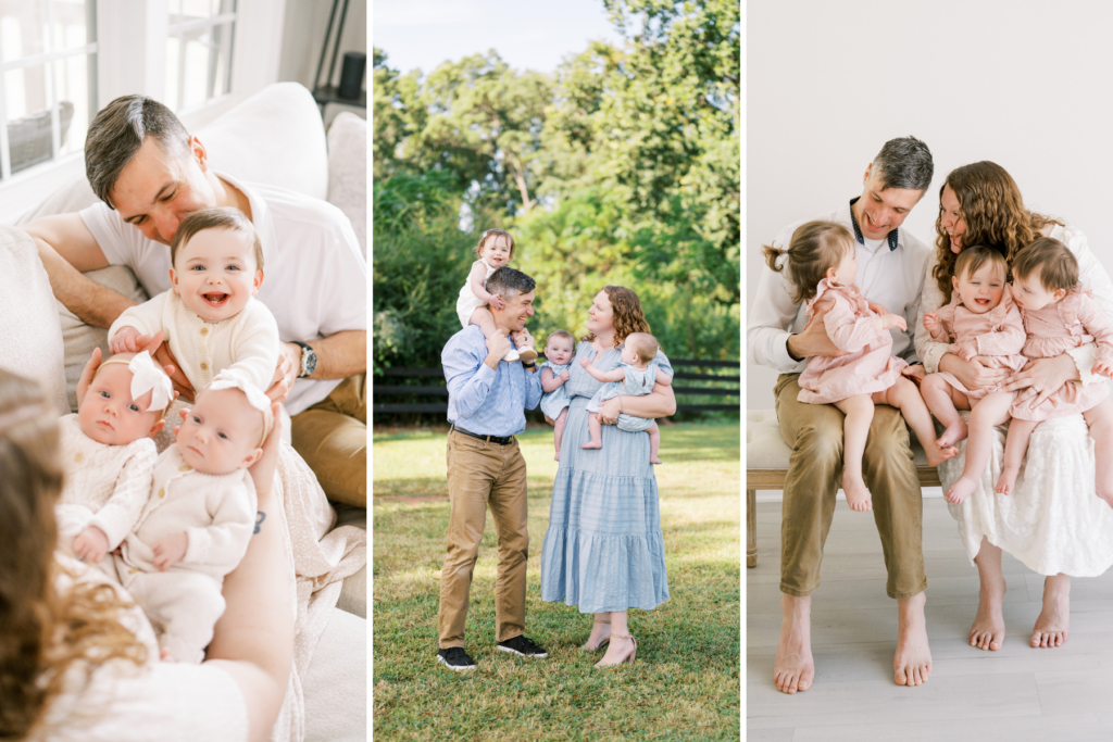 A collage of three portrait sessions for a Raleigh family: a cozy in-home newborn session with surrogate twin girls and their big sister, an outdoor late summer family session, and a joyful studio first birthday cake smash in Raleigh, NC.