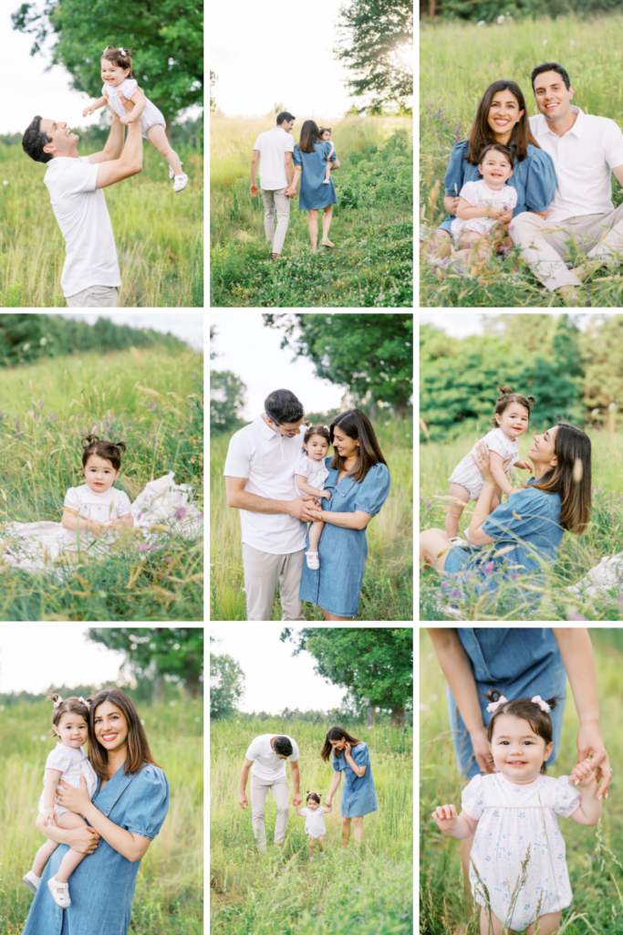 Collage of 9 images taken by Raleigh family photographer Worth Capturing at the NC Museum of Art Park in early summer.