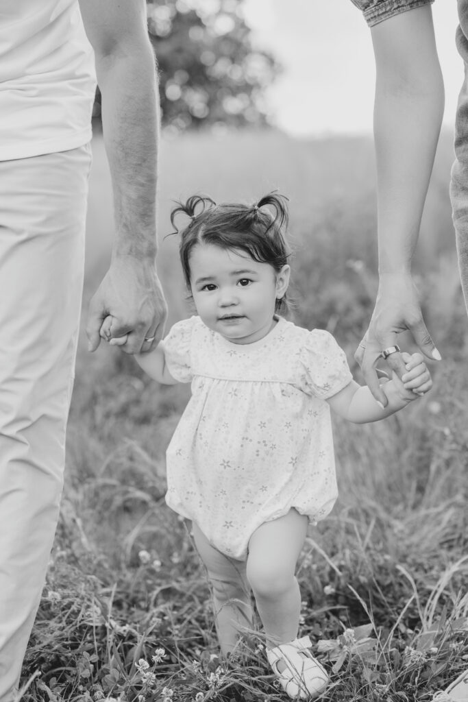 Black and white image of little girl with pigtails holding hands while walking with parents through grass and clover.